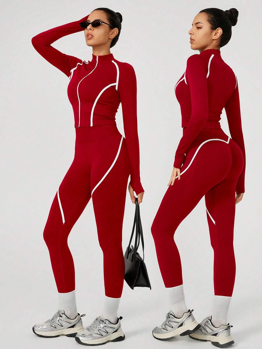 NcmRyu 1 Set Women Elastic Mock Neck Contrast Stripe Zip Design Long Sleeve Top And Pants Activewear Set - Red - View 1