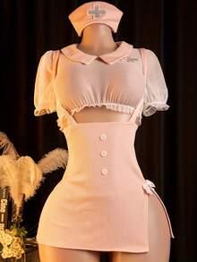 Sexy Nurse Costume, Cosplay, Sexy Lingerie Set: Top + Strap Skirt + Headband - 粉紅色 - 查看 2