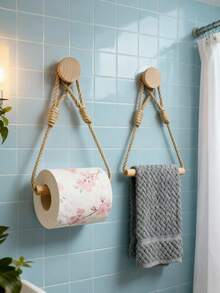 手工编织浴室卫生纸架、厨房纸巾架、毛巾架，无需钻孔 - 卡其色 - 查看 5