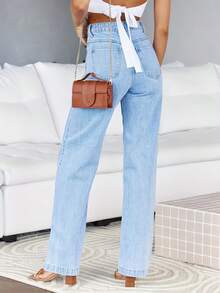 Women's Light Blue Casual Mid-Rise Wide-Leg Jeans - Elegant Straight-Leg Trousers - Solid Color Woven Trousers Suitable For All Seasons, Casual Everyday Wear - 淺藍色 - 查看 4