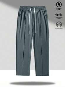 Men's Solid Color Loose-Fit Ice Silk Pants, Classic Straight-Leg Casual Pants With Drawstring Waist For Daily Wear - Grey - View 2