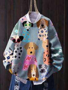 【全身印花】【轻薄】【毛衣】休闲可爱小狗图案圆领长袖针织时尚轻薄毛衣，女士秋冬款 - 淺藍色 - 查看 7