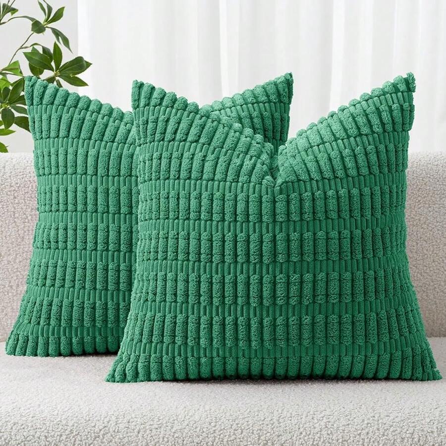 MIULEE Pack Of 2 Christmas Green Corduroy Decorative Euro Sham Pillow Covers 24x24 Inch Soft Boho Striped Throw Pillow Covers Modern Farmhouse Home Decor For Sofa Living Room Couch Bed,2224inchx24inchPackof2 - 2224英寸x24英寸,2個裝 - 查看 1