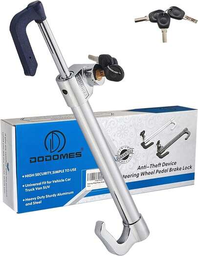 Steering Wheel Lock Anti-Theft Car Device, Steering Wheel Pedal Brake Lock Retractable Double Hook Car Security Products Universal Fit Cart/Truck/SUV/Van With Keys(Stainless Color)