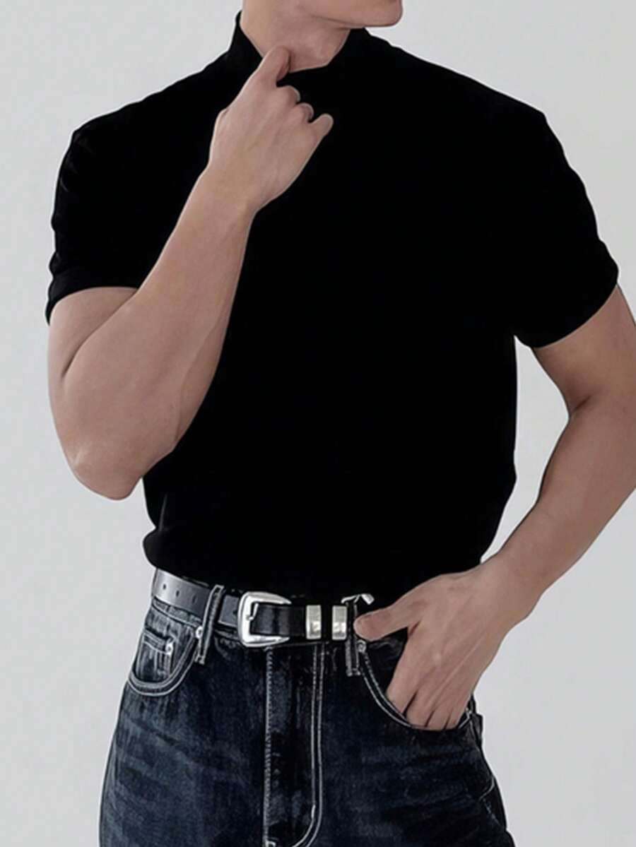 男士短袖半高领毛衣，轻盈透气针织上衣，休闲日常百搭打底衫 - 黑色 - 查看 1