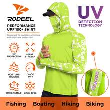 RODEEL Sun Hoodie Shirts W/ UV Detection Mask Neck Gaiter Thumbhole Men UPF 50+ Sun Protection Long Sleeve Lightweight Quick Dry Moisture Wicking Breathable Cooling Athletic Activewear For Outdoor Fishing Roofing Construction, Holiday Gift - Màu xanh huỳnh quang - Xem 2