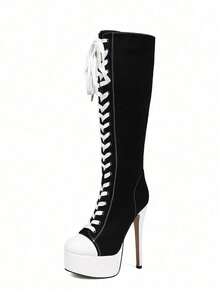 Black And White Color Blocked Waterproof Platform, High Heels, Side Zipper, Lace Up Fashion Boots - 黑色 - 查看 1
