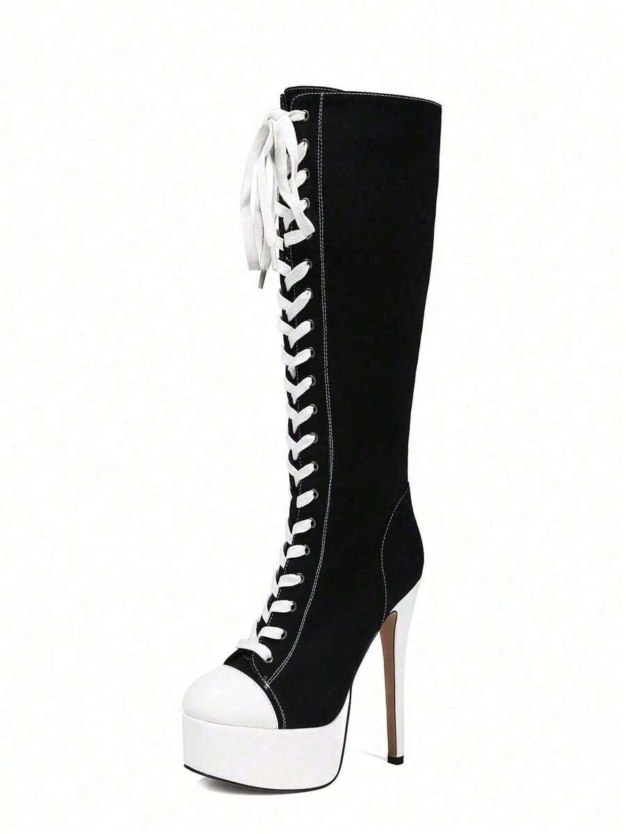 Black And White Color Blocked Waterproof Platform, High Heels, Side Zipper, Lace Up Fashion Boots - 黑色 - 查看 1