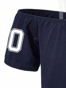 Tween Girl Numeric Print Asymmetrical Shoulder Top And Pants Set - Royal Blue - View 6