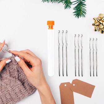 Komplettes Nähset mit 9 Nadeln & Aufbewahrungsbox - Silbergrau, ideal für Bastler, 9 große Nähnadeln, Garn-Nähnadeln mit transparenter Flasche, 3 Größen (5,3 cm, 6,1 cm und 7,1 cm)