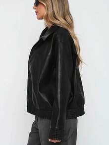 جاكيت بيسبول جلد PU صغيرة الحجم عصرية، معطف سحاب طويل الأكمام - الأسود - مشاهدة 6