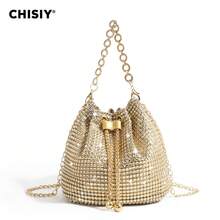Handmade High-End Metallic Bracelet With Rhinestones, Luxurious Gold PVC & Fabric Fashion Bucket Bag, Elegant Large Capacity Women's Commuter Bag, Versatile Minimalist Handbag, Suitable For Halloween, Christmas, Office, Shopping, Travel, Formal Events, Autumn/Winter - 金色 - 查看 7
