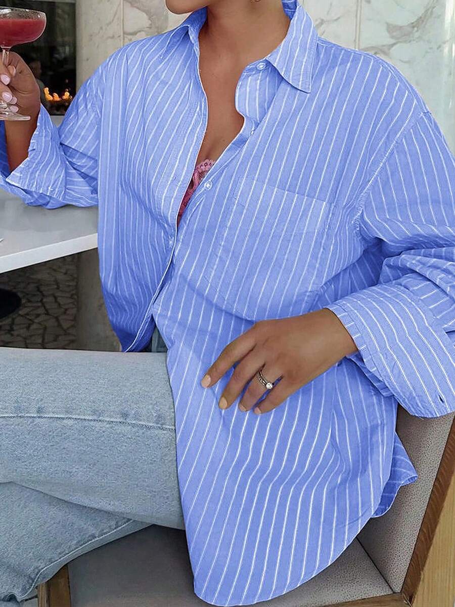 Look Polly Women's Elegant Blue Stripe Printed Striped Long Sleeve Shirt, Single-Breasted Casual Fashion Blouse, Spring/Summer Wear, With Pocket Design, Back To School, Retro Style - Denim Blue - View 1