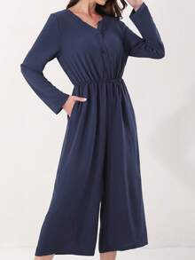 Jumpsuit | Long Sleeve, Wide Leg | Machine Washable | Casual, Elegant | Weekend Outing, Dating | Fashionable - Blue - View 5
