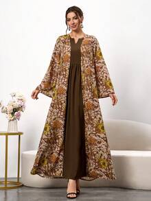 Đầm cổ tròn tay dài họa tiết hoa khối màu thanh lịch dành cho nữ, phù hợp với trang phục thanh lịch và trang phục thường ngày - màu nâu - Xem 6