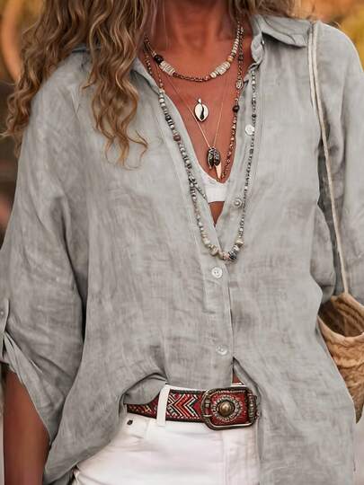 Women's Casual Linen Solid Color Rolled Cuff Button Detail Turndown Collar Long Sleeve Cardigan