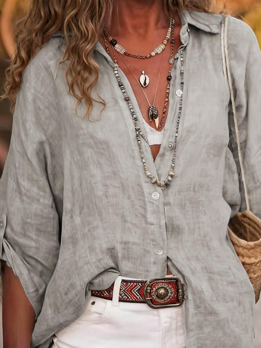 Women's Casual Linen Solid Color Rolled Cuff Button Detail Turndown Collar Long Sleeve Cardigan - Grey - View 1