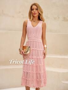 Women's Midi Dress, Knit, Summer, Crochet, Ruffles, Party, Beach, Elegant, Christmas, New Year's Eve, Premium - 淺粉色 - 查看 4