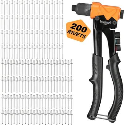 Professional 4-In-1 Heavy Duty Pop Riveter Kit, 200 Premium Rivets, 4 Precision Interchangeable Nosepieces, 3/32"(2.4mm), 1/8"(3.2mm), 5/32"(4.0mm), 3/16"(4.8mm) For Workshop& Home Use