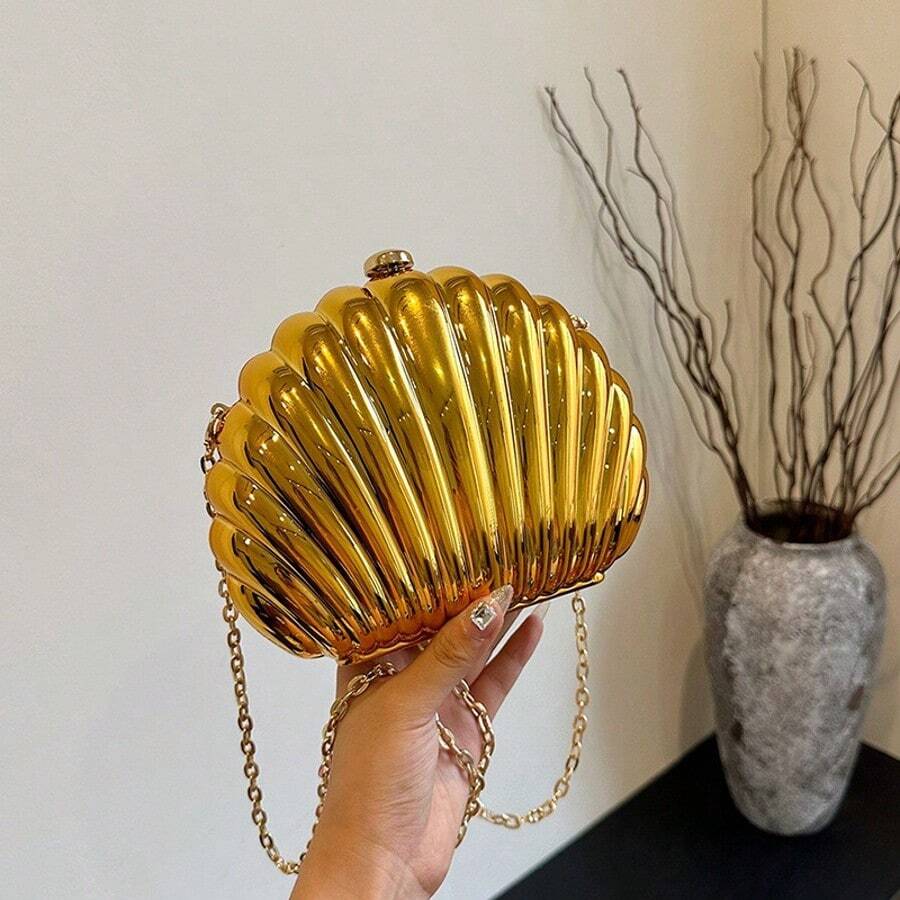 Mini Shell-Shaped Fashion Laser Metal Clutch, Y2K Vintage Metal Frame Chain Shoulder Crossbody Bag, Suitable For Women Formal Dinner, Going Out, Dating, Shopping, Elegant Shell Purse Perfect For Parties Weddings Dinners & Banquets Matches Wedding Dresses Formal Wear Prom Gowns Birthday Outfits - Vàng đen - Xem 1