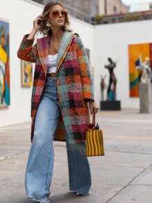 Plus Size Women Autumn/Winter Long Sleeve Pocket Asymmetrical Plaid Print Hooded Open Front Jacket, Colorful Plaid Boho Fashionable Casual Street Wear Coat - Purple - View 5