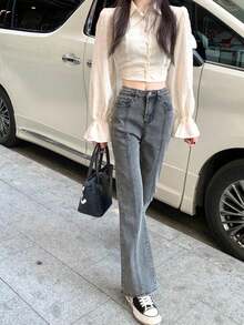 Women's Pocket Flared Casual Everyday Versatile Denim Jeans - Grey - View 6