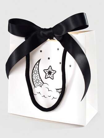 10 mini-ramadanväskor med stjärn- och månedesign - 13,5 x 7,5 x 13,5 cm, vita och svarta papperspresentpåsar med T-lås, fräscha svartvita shoppingpåsar, lämpliga för ramadan, presentinslagning och returgåvor