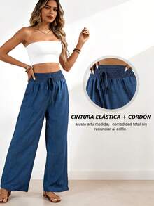 Pantalones casuales de talle alto de pierna recta de unicolor ideales para vacaciones y ocio - Azul Marino - Ver 6