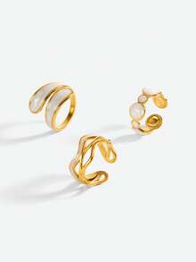 Opalesca 3pcs/Set Fashionable Asymmetrical Stainless Steel Artistic Paint Ring Set, Stylish Design For Women Daily Wear - Yellow Gold - View 4