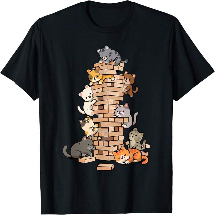 Funny Ca Climbing A Timber Tower Blocks Stacking Cat Game T-Shirt For Wo Kids - Black 21 - View 1