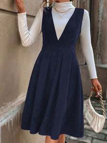 Plus Size Navy Blue Deep V-Neck Sleeveless Jumper Dress With Zipper Detail, Knee-Length Flared Hem, Woven Fabric, Christmas Dress, New Year Women Outfit - Royal Blue - View 2