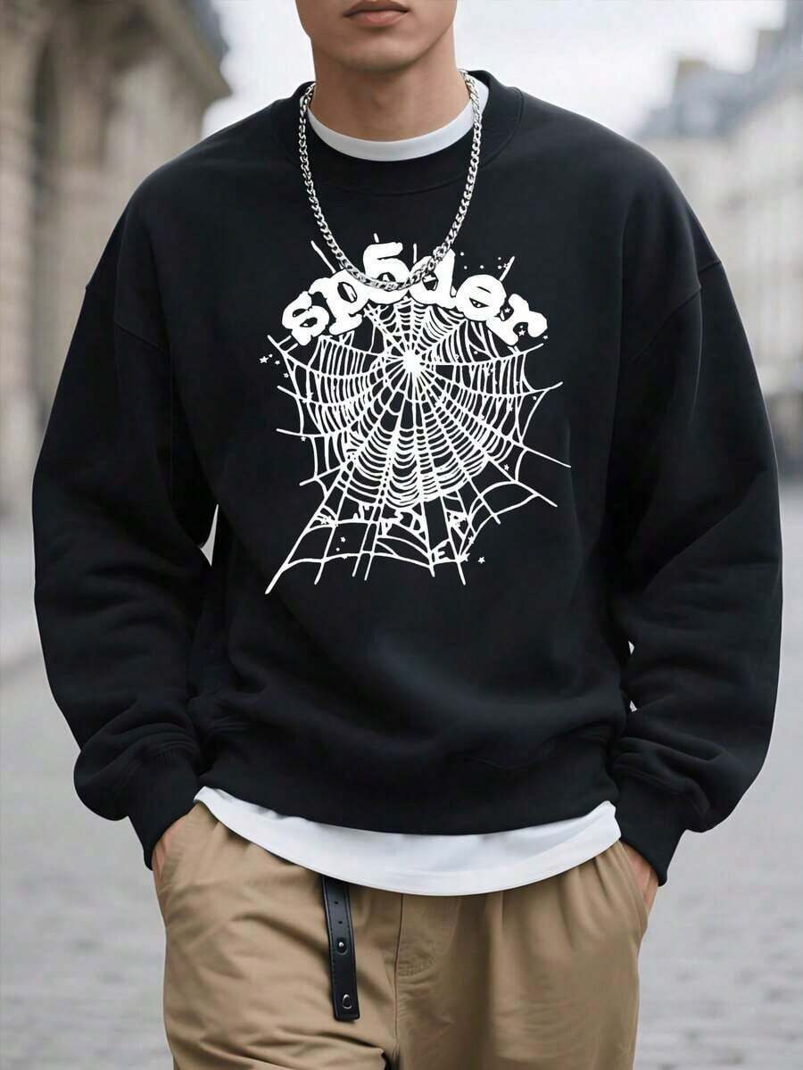 Winter Clothes For Women Christmas Outfit WomenMen's Casual Long Sleeve Round Neck Pullover Sweatshirt For Fall And Winter Spider Web Graphic Print Oversized Streetwear Sweatshirt Black Cotton Blend Comfortable Fashion Sweater For MenLoose And Comfortablesudaderas De Mujer - Black - View 1