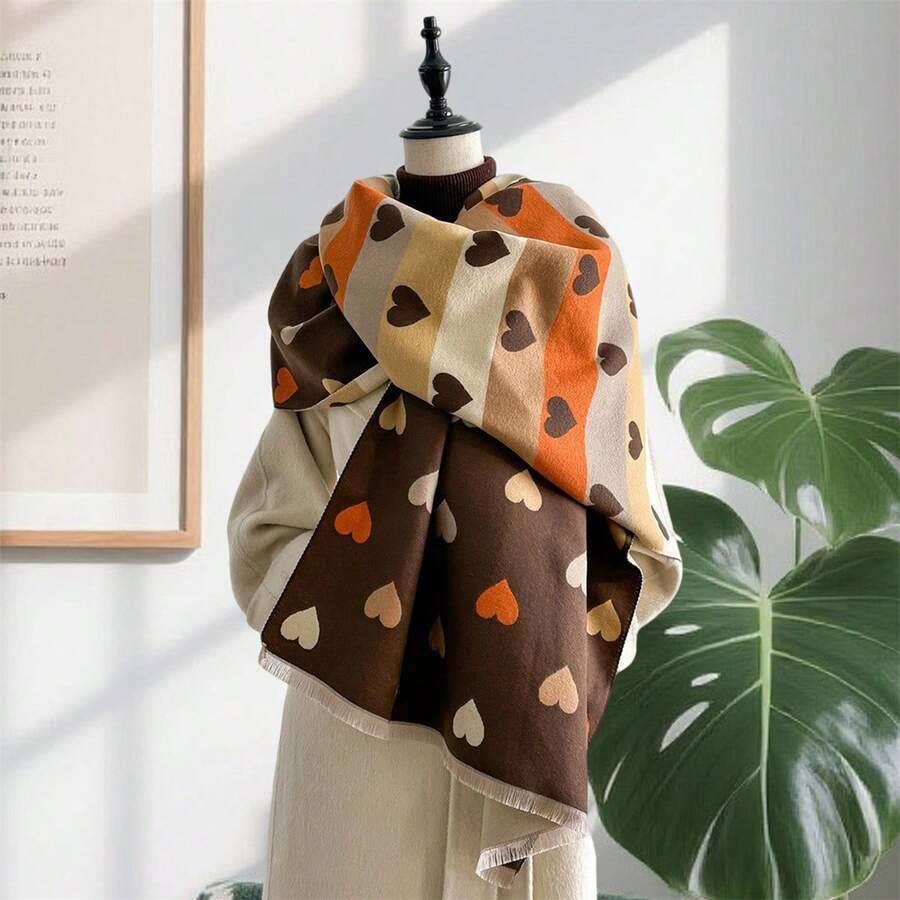 Bufanda para mujer, elegante chal vintage con borlas y corazón, suave, cálida y para el invierno. - Marrón claro - Ver 1
