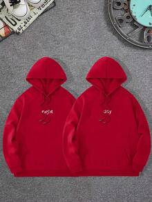 Couple Print Sweatshirt With Kangaroo Pocket And Drawstring - [紅色的] - 查看 6