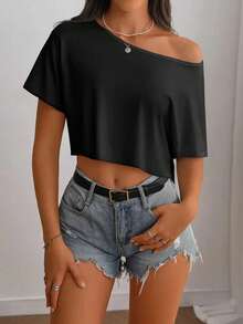 AuroraSilk Women's Off-Shoulder Cropped Top, Polyester Blend Off-Shoulder Cropped Tee Shirt - Casual Style, Machine Washable, Solid Color, Suitable For All Seasons - Black - View 9
