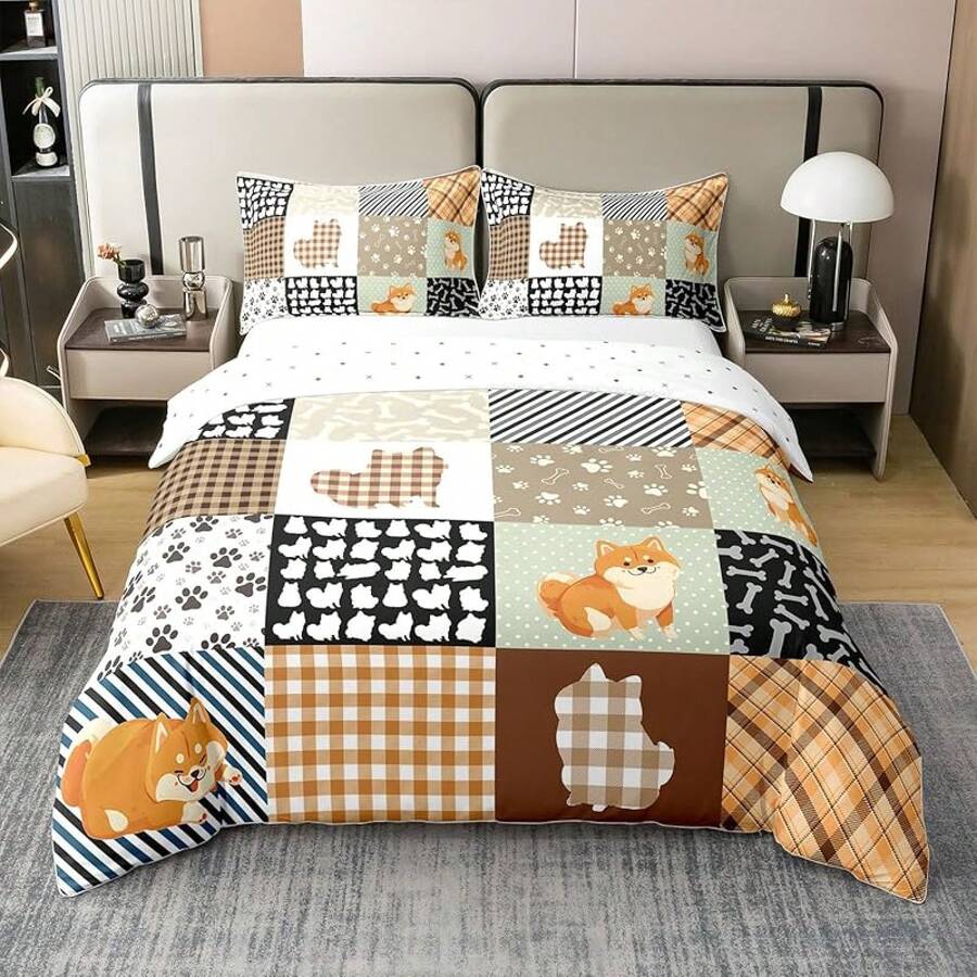 % Cotton Pink Dachshund Comforter Cover, Flower Floral Bedding Set, Kawaii Sausage Dog Duvet Cover, Lovely Puppy Quilt Cover, Soft Comfy, Dachshund Bedding - 白色 黑色 棕色 - 查看 1