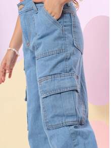 Girls' Wide Leg Cargo Jeans With Pockets - 中等水洗藍 - 查看 5