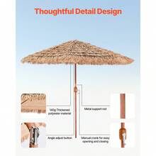 Tiki Umbrella, 9 Ft Thatched Patio Umbrella With Tilt, Hawaiian Style Beach Parasol With Durable PP Thatch And 8 Metal Ribs, Grass Pool Umbrellas For Beach, Patio, Poolside, Backyard & Garden - 棕色 - 查看 6