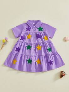 Little Girl MardiGras Dress Star Patch Short Sleeve Collared Tiered Ruffle Dresses Casual Summer Spring Clothes - 紫色 - 查看 6