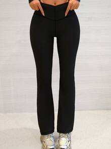 Pantalones de yoga con pierna acampanada en forma de V para mujer, cintura alta, pantalones de yoga de pierna ancha, pantalones elásticos para trabajo, entrenamiento, running, ciclismo, yoga, pickleball, ejercicio y uso casual - Negro - Ver 2