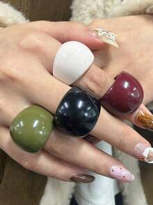 4pcs/Set Fashionable Unique Geometric Minimalist Resin Rings, Oversized Round Rings In Black, Red, Green, White For Women, Suitable For Daily Wear, Holidays And Parties - Multicolor - View 4