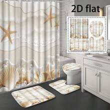 1/4 piezas Cortina de ducha de poliéster de alta calidad con impresión, diseño moderno de estrellas de mar y conchas, resistente al agua y duradera, incluye ganchos y forro, adecuada para la decoración del baño - multicolor - Ver 2