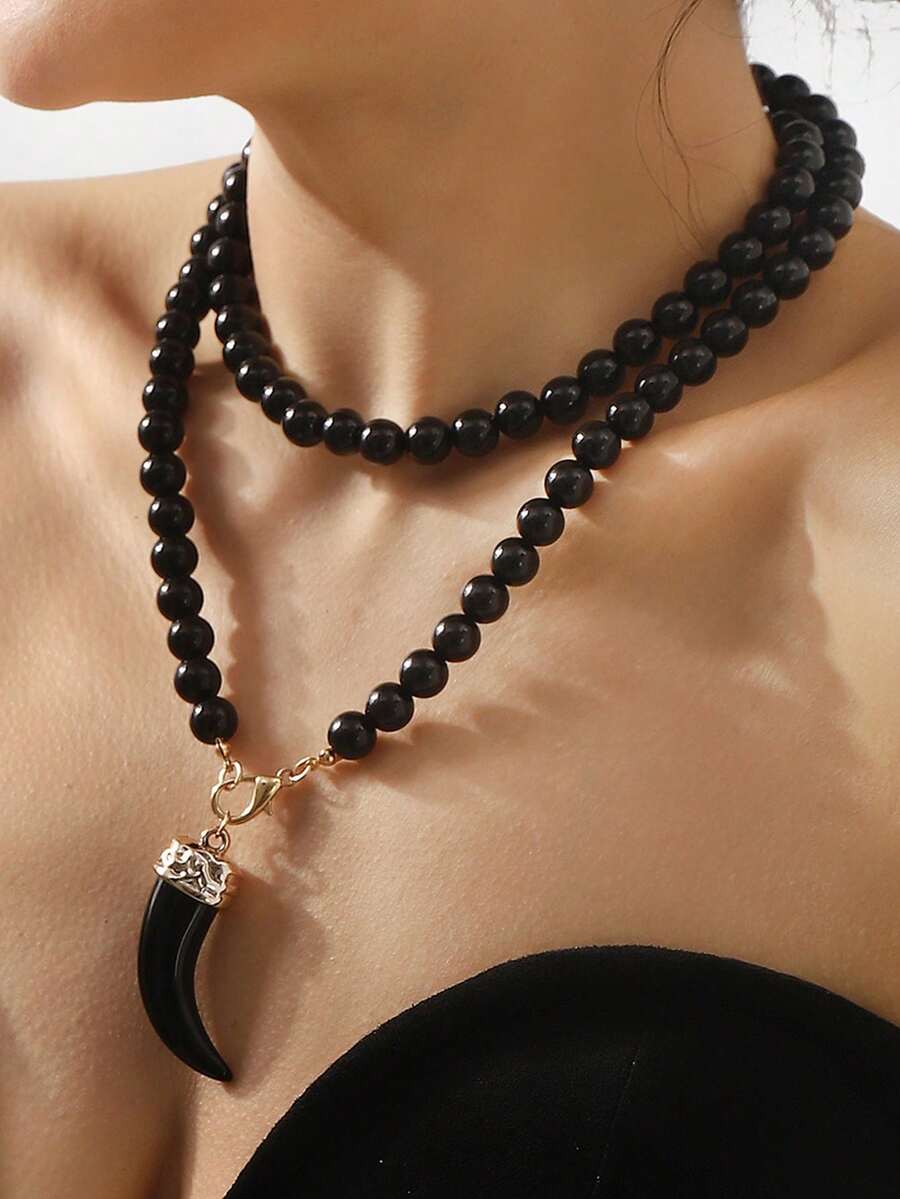 1件时尚个性化珍珠狼牙吊坠长项链，男女皆宜，优雅的圣诞节/生日礼物 - 彩色 - 查看 1