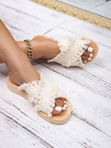 Kate Miuch MIUCH 新款女士波西米亚乡村风自然透气时尚甜美休闲凉鞋，适合假日、万圣节、圣诞节、约会、派对等场合，米色流苏圆头平底凉鞋。法式浪漫经典复古优雅高端舒适轻便透气露趾米色拖鞋。 - 米色 - 查看 5