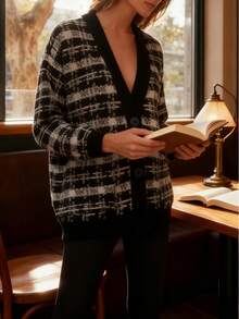 Women's Black And White Checkered Knit Cardigan, Loose Fit, Deep V-Neck, Long Sleeves, Button-Down Front Design, Creating A Stylish Holiday Café Look. - Black and White - View 7