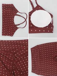 Sodalemon Women Polka Dot Training Fitness Set Adjustable Strap Cross Back Sport Bra Elastic No Front Seam Hip Lift Yoga Leggings Casual Running Sport 2PCS Set - 紅色 - 查看 9