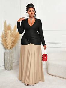 BIUBIU 大码女士纯色针织连衣裙，荷叶边肩部设计，适合秋季穿着，女装，机场旅行装，浪漫连衣裙，婚礼宾客礼服，修身连衣裙，蕾丝连衣裙，晚礼服，正式礼服，生日礼服，情人节装，优雅春季 - 黑杏色 - 查看 7