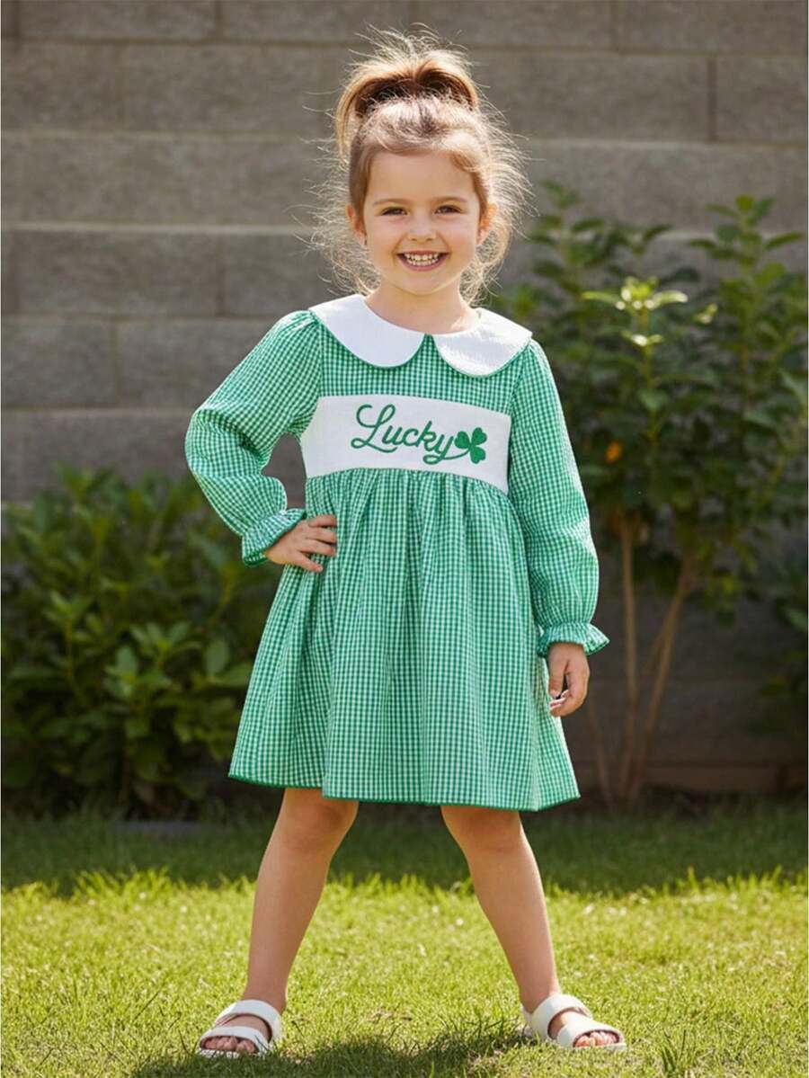 Toddler Little Girl St. Patrick's Day Dress Clover Letter Embroidered Long Sleeve Doll Collar Plaid A-Line Dress Spring Clothes - 綠色 - 查看 1