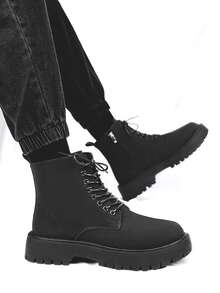 男士秋季皮靴，防水高帮黑色皮鞋，复古休闲英伦风登山工作靴 - 黑色 - 查看 11