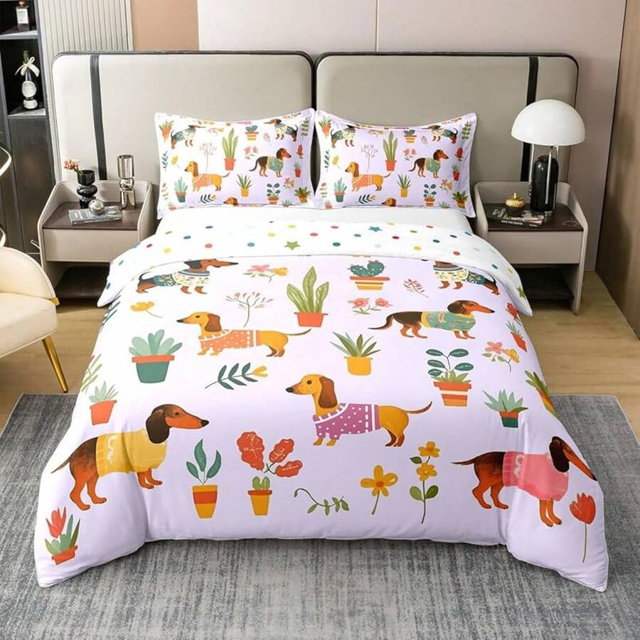 % Cotton Pink Dachshund Comforter Cover, Flower Floral Bedding Set, Kawaii Sausage Dog Duvet Cover, Lovely Puppy Quilt Cover, Soft Comfy, Dachshund Bedding - Purple - View 1